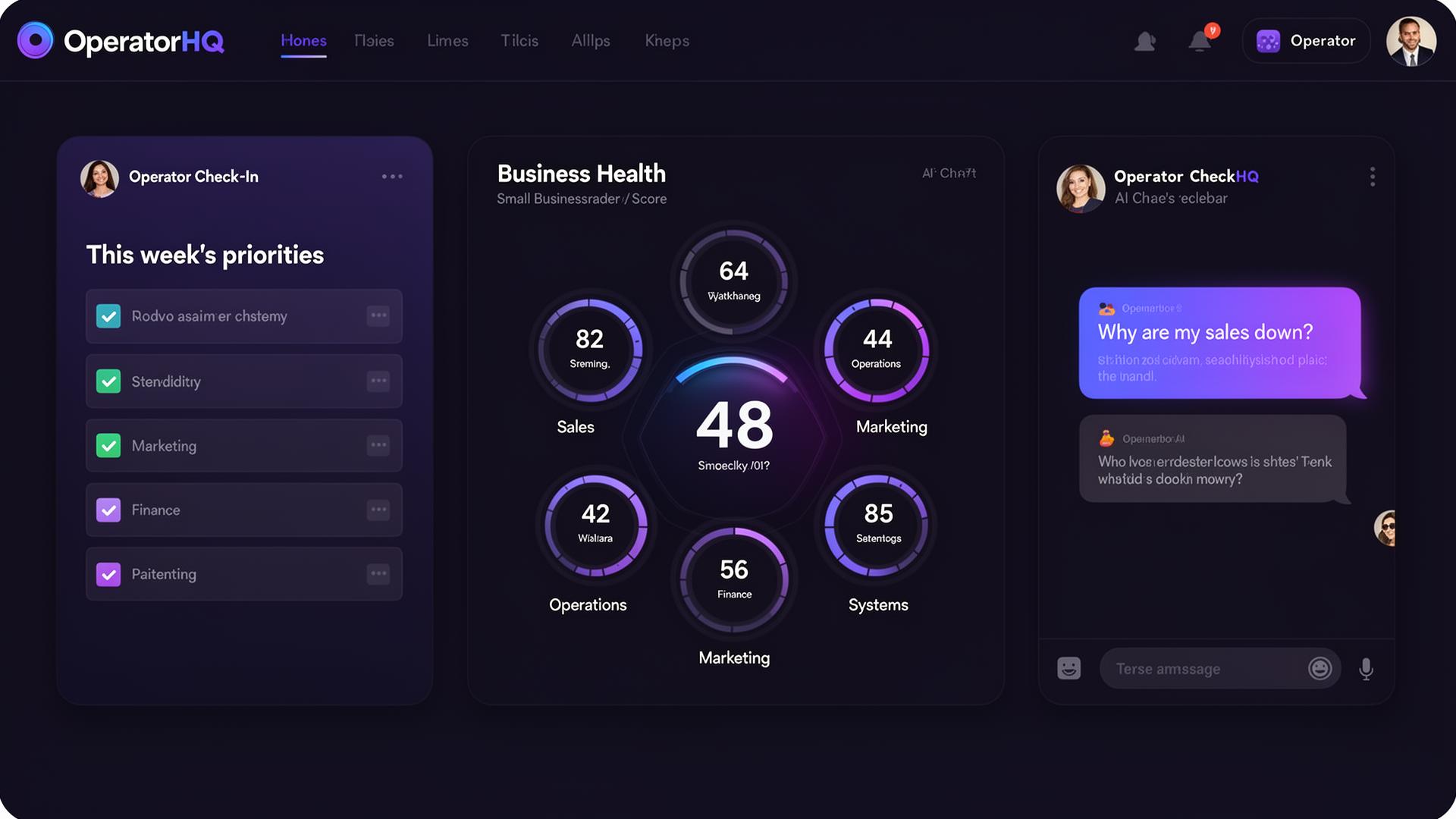 OperatorHQ dashboard showing weekly priorities, business health scores, and AI guidance chat